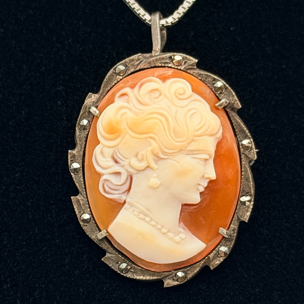 Vintage 800 Silver Cameo Brooch Pendant Necklace 16” Italian Sterling Chain